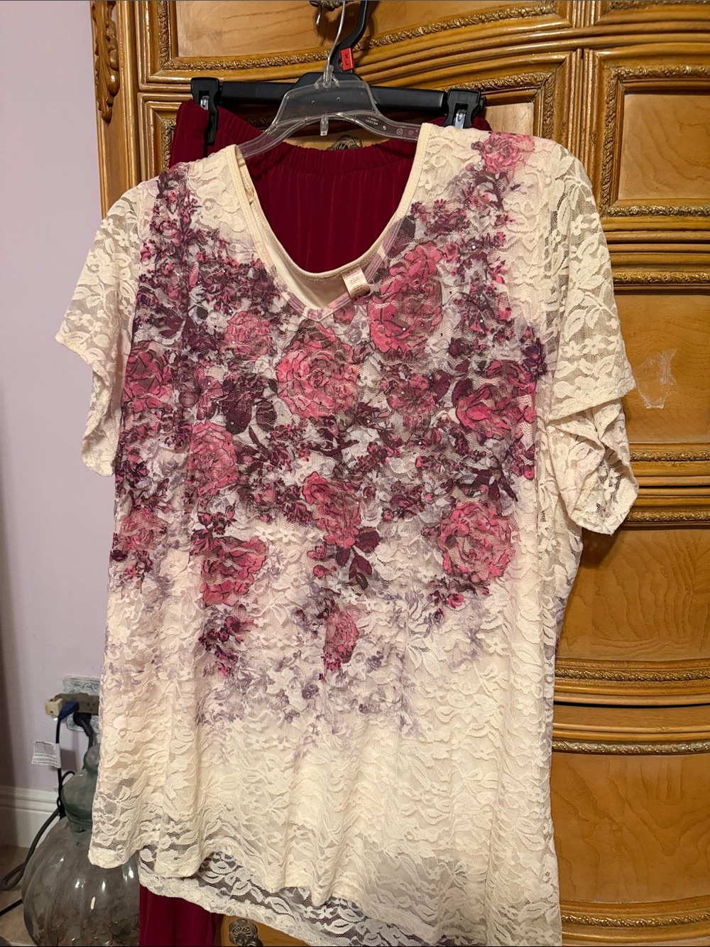Women's Cream Lace Floral Top with Pink Rose Print